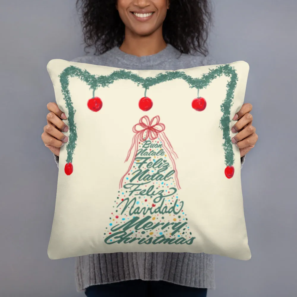 Christmas Tree-Multilingual Throw Pillow (Color: Apricot White)