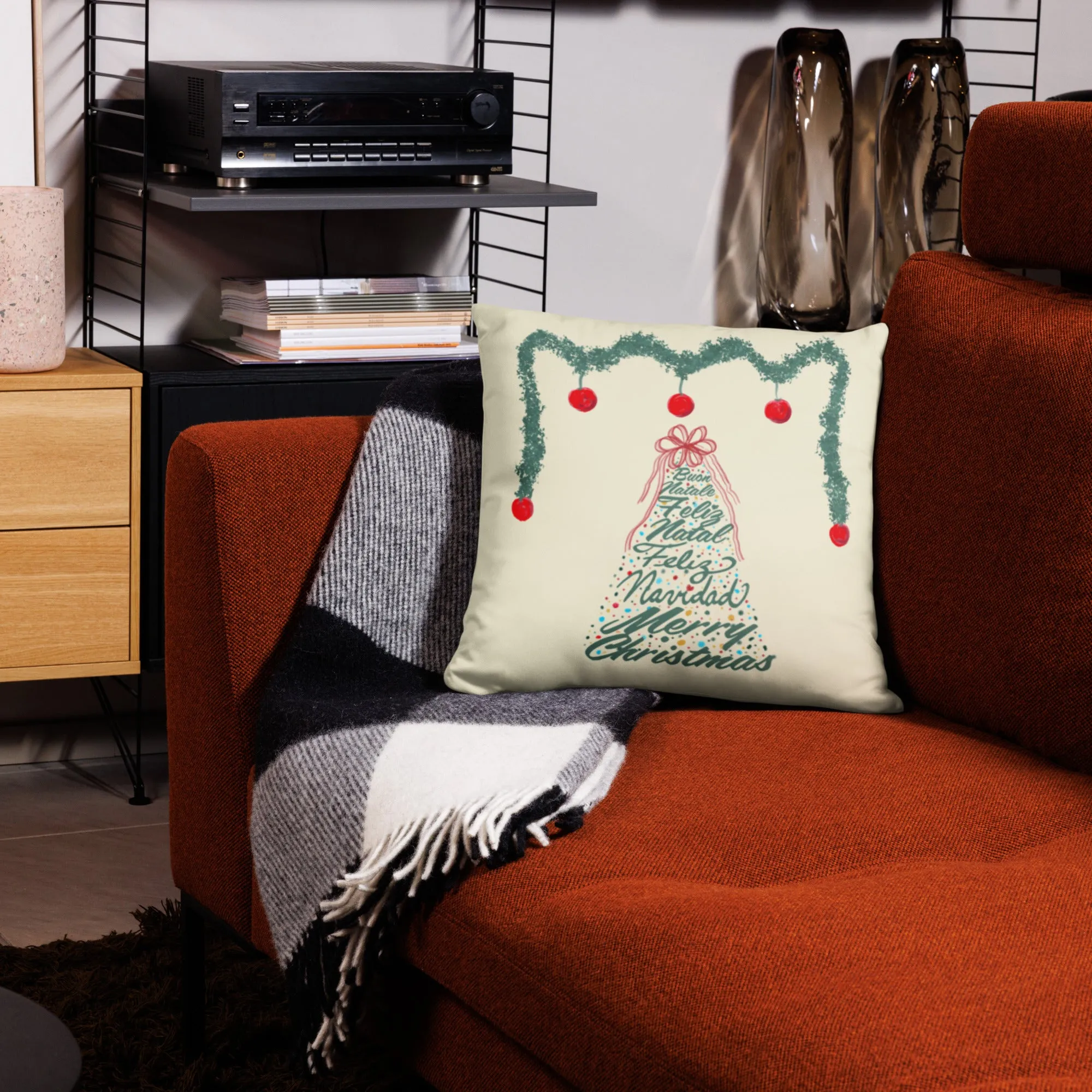 Christmas Tree-Multilingual Throw Pillow (Color: Apricot White)