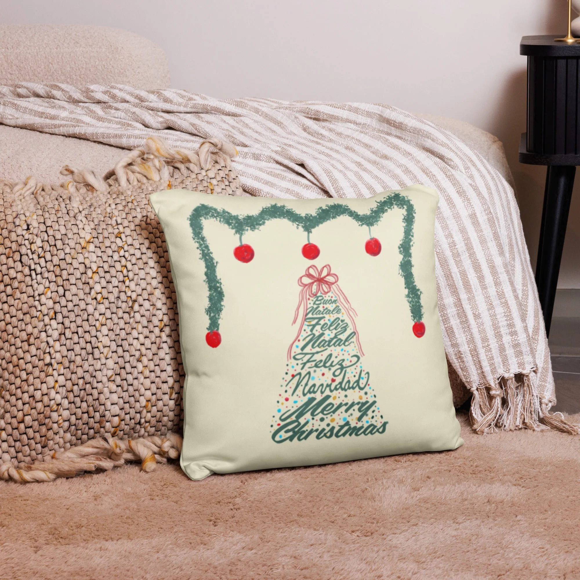 Christmas Tree-Multilingual Throw Pillow (Color: Apricot White)