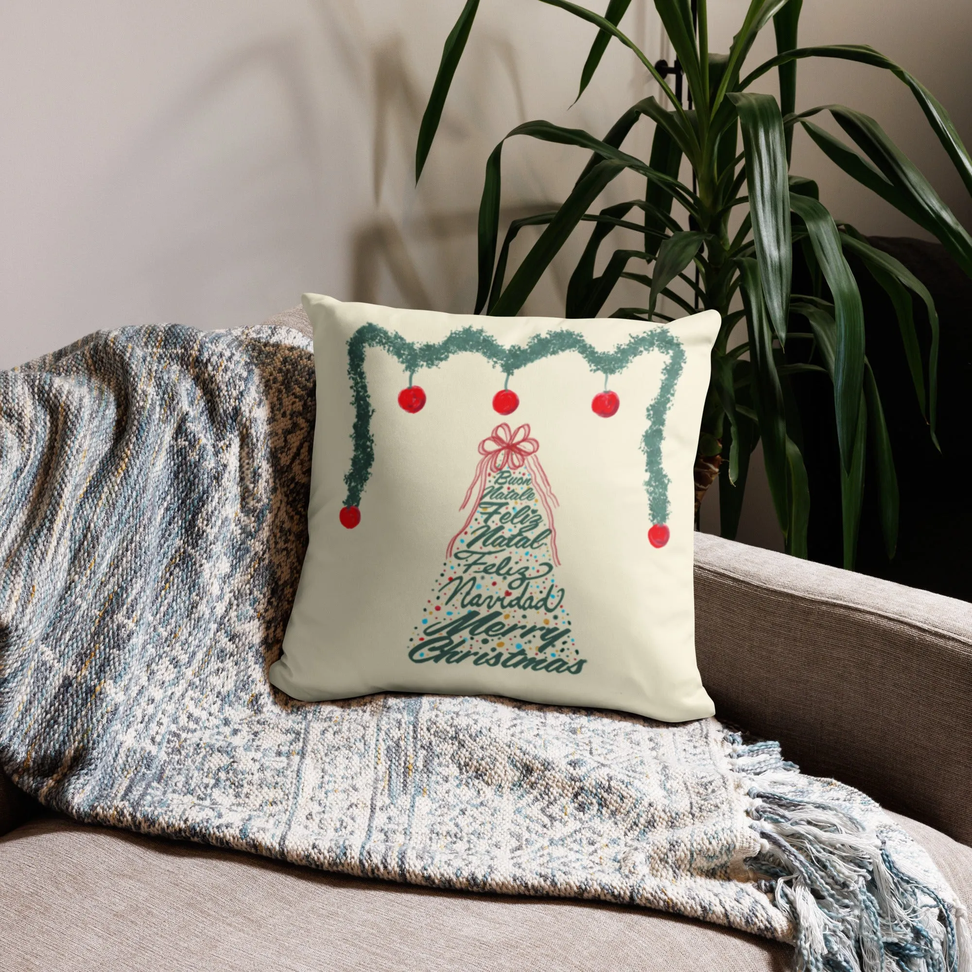 Christmas Tree-Multilingual Throw Pillow (Color: Apricot White)