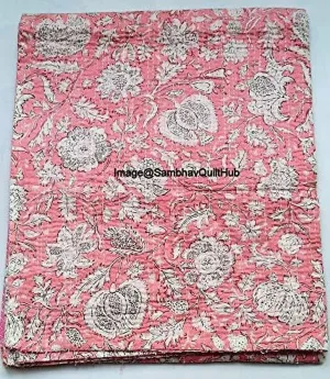 classic Handblock Multi Floral Print Handmade Cotton Kantha Quilting Throw Blanket Hippie Queen/King Size Bohemian Block Kantha Quilt With 2 Pillow Cover Pink King