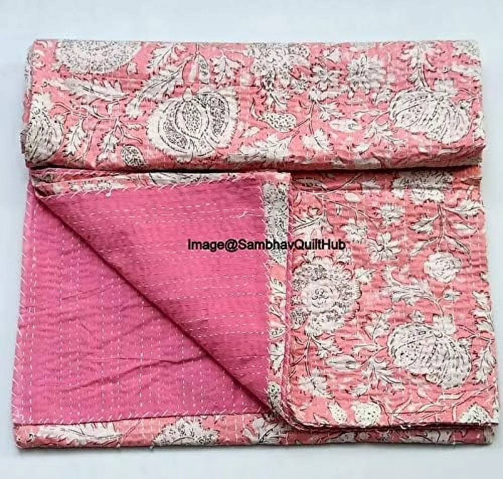 essential Handblock Multi Floral Print Handmade Cotton Kantha Quilting Throw Blanket Hippie Queen/King Size Bohemian Block Kantha Quilt With 2 Pillow Cover Pink Twin