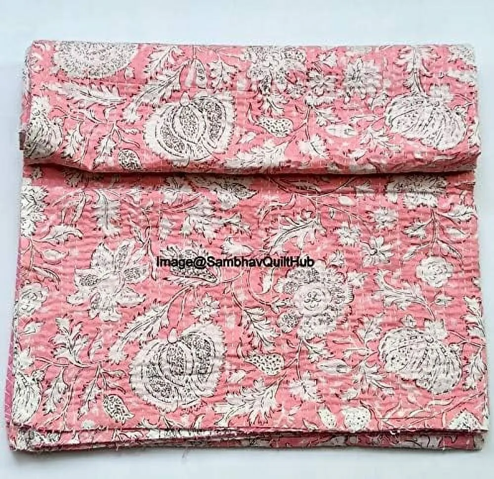 essential Handblock Multi Floral Print Handmade Cotton Kantha Quilting Throw Blanket Hippie Queen/King Size Bohemian Block Kantha Quilt With 2 Pillow Cover Pink Twin