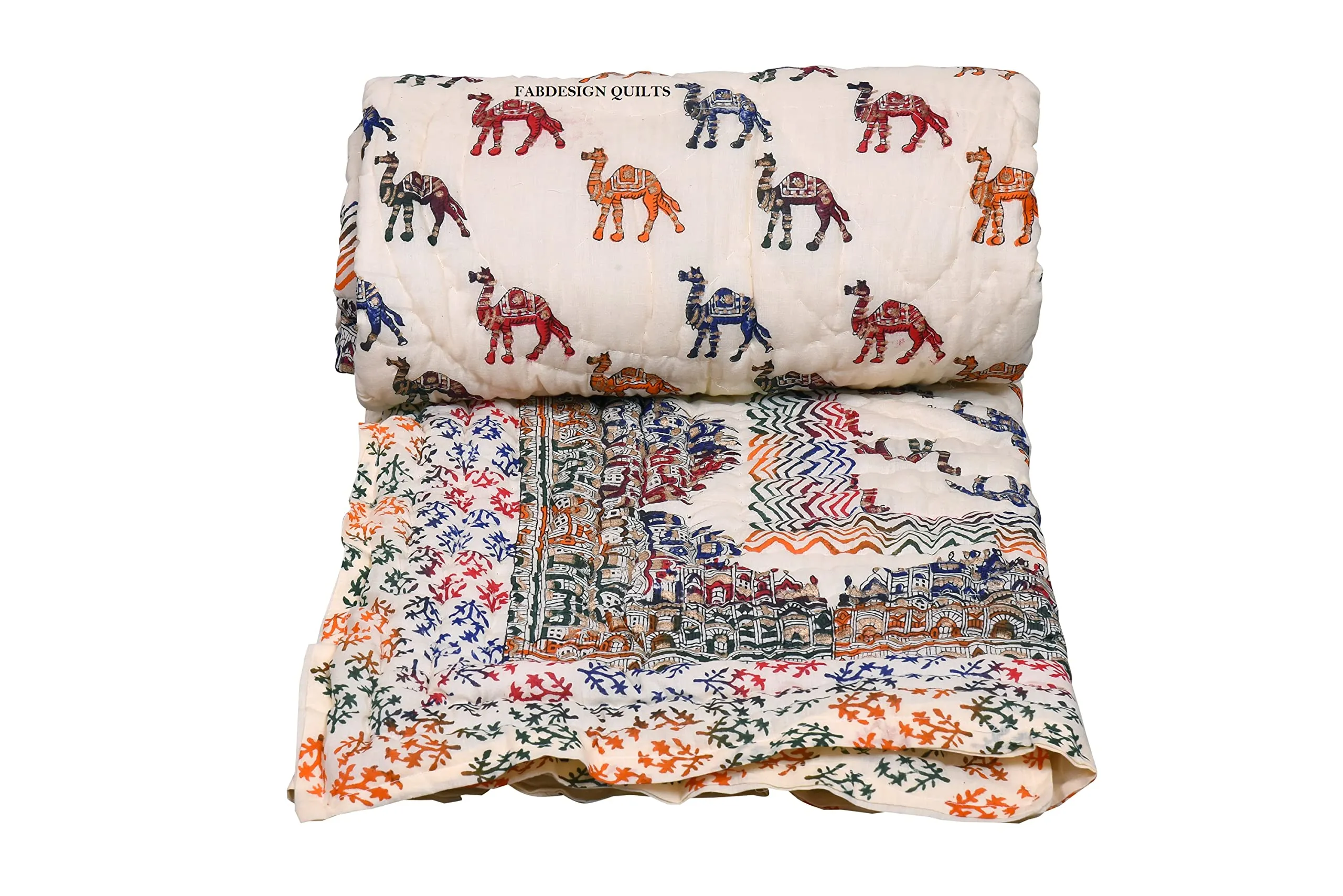 FABDESIGN QUILTS Cotton Hand Block Printed Razai Jaipuri Famous Hawa Mahal Rajai - Beige (90X108 Inches)