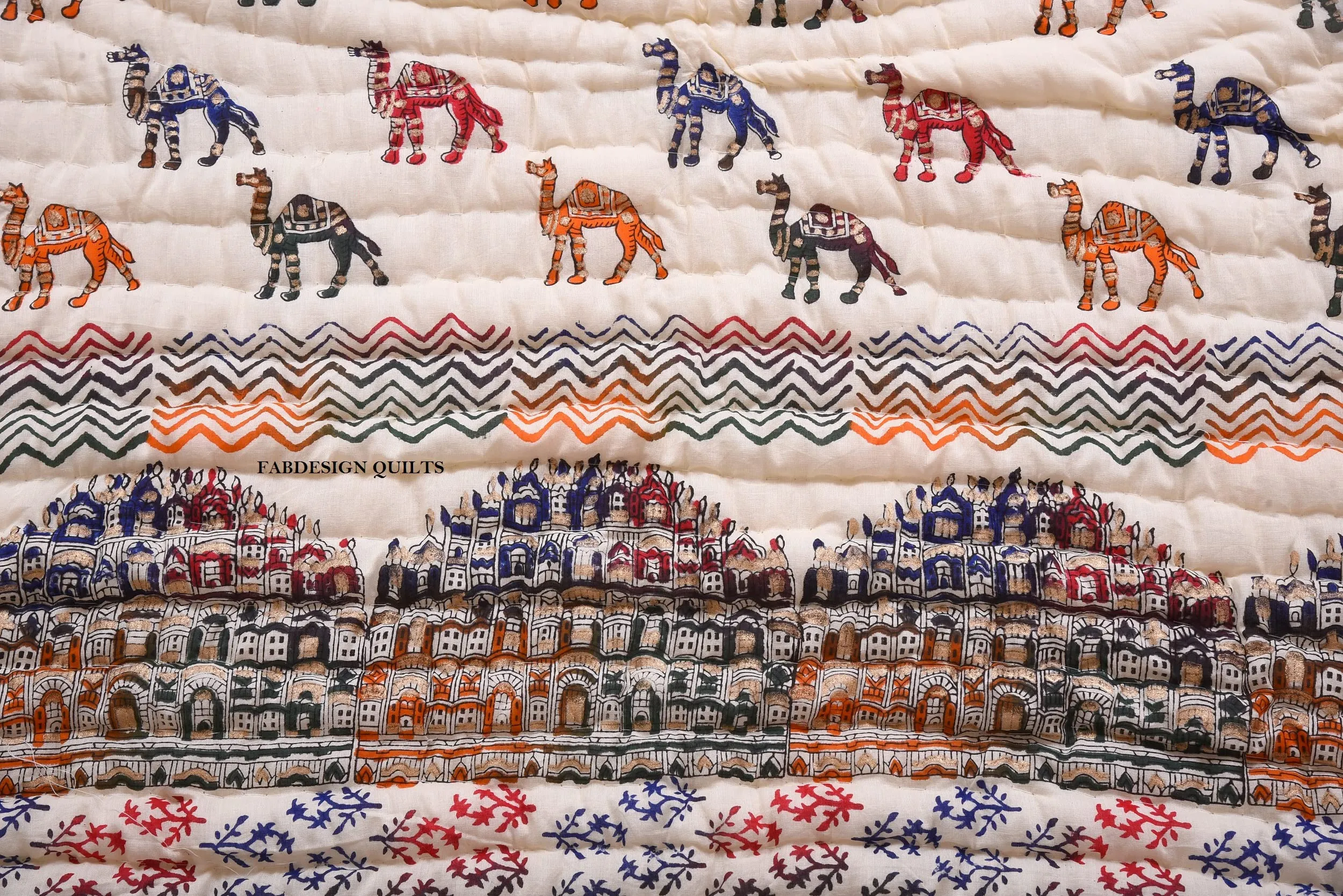 FABDESIGN QUILTS Cotton Hand Block Printed Razai Jaipuri Famous Hawa Mahal Rajai - Beige (90X108 Inches)