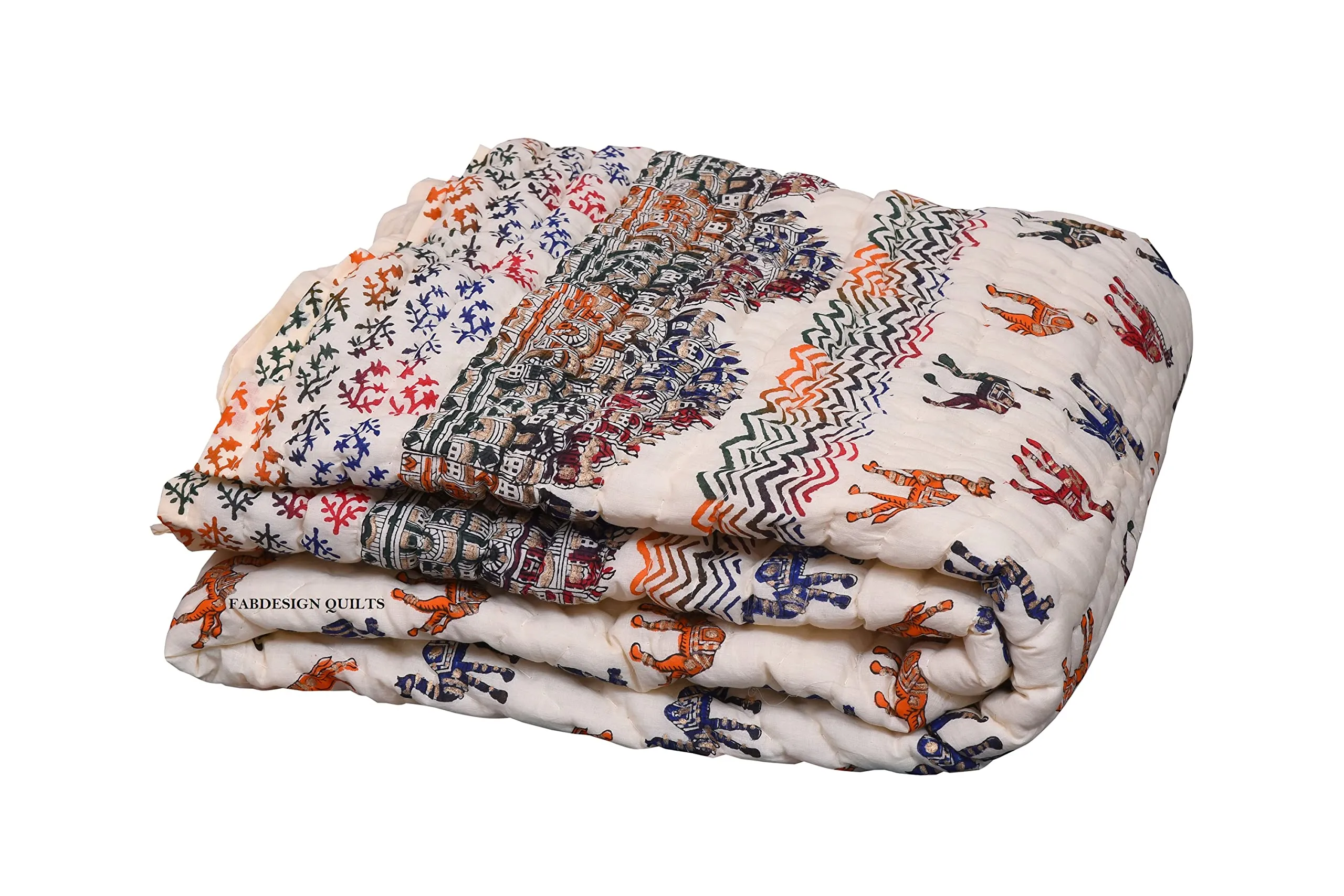 FABDESIGN QUILTS Cotton Hand Block Printed Razai Jaipuri Famous Hawa Mahal Rajai - Beige (90X108 Inches)