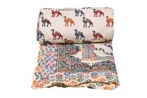 FABDESIGN QUILTS Cotton Hand Block Printed Razai Jaipuri Famous Hawa Mahal Rajai - Beige (90X108 Inches)