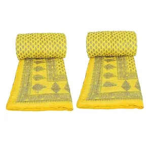 fashhub Traditional Single Bed Soft Gold Block Silk Print Light Weight Pure Cotton Jaipuri AC Quilt/Razai Yellow, Single (55 x 85) (Set of 2)