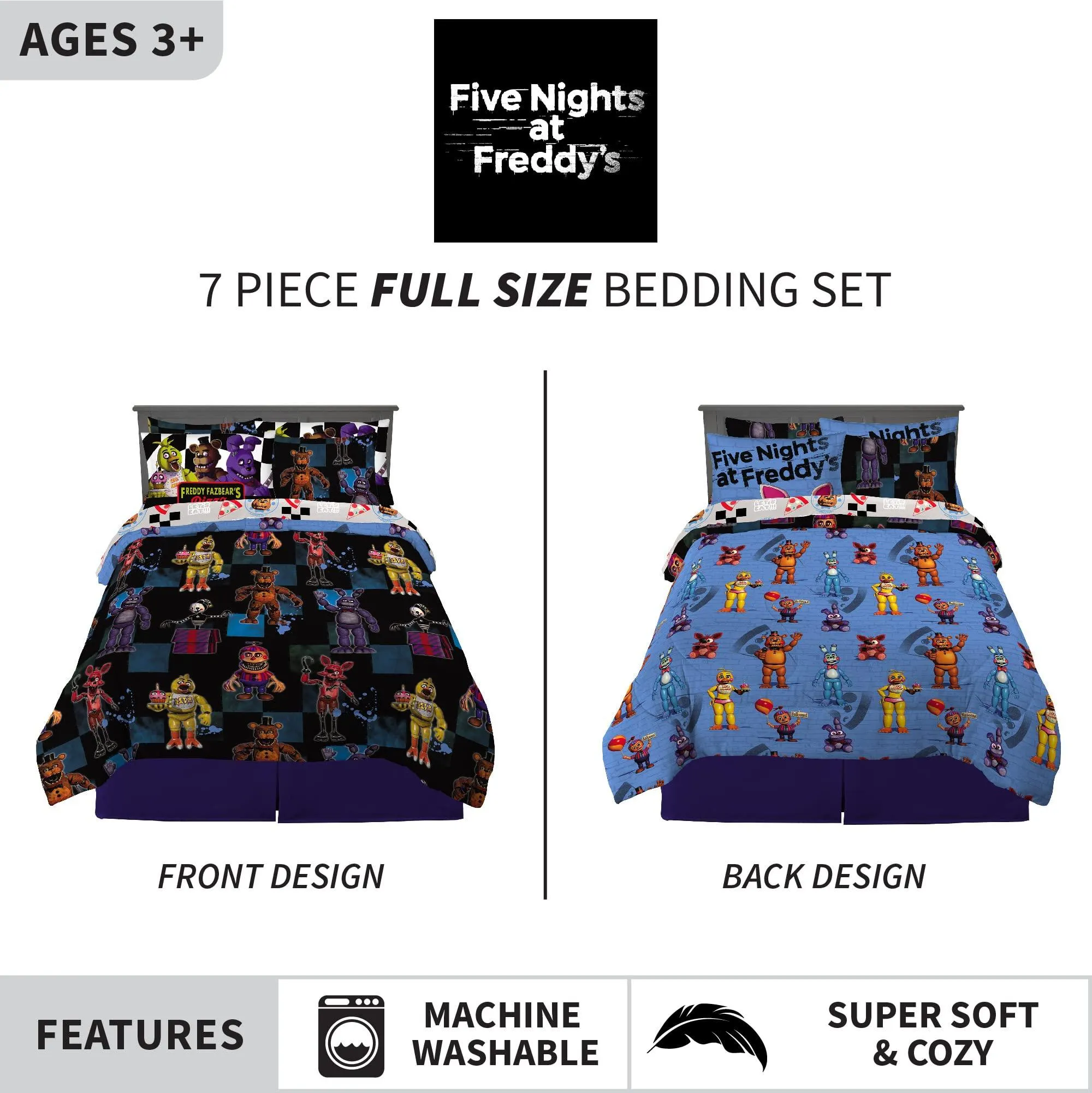 Five Nights at Freddy's Super Soft Comforter and Sheet Set with Sham, 7 Piece Full Size,