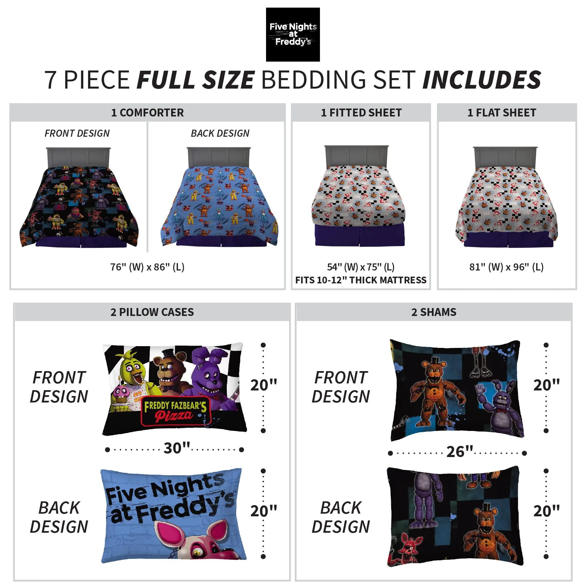 Five Nights at Freddy's Super Soft Comforter and Sheet Set with Sham, 7 Piece Full Size,