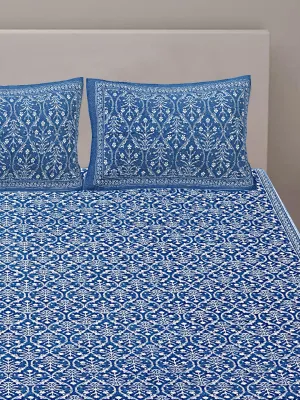 Goodadi Pure 100% Cotton Bedsheet with 2 Pillow Covers, Size - Double King Size Bedsheet 100x108 Inch, Pillow Covers - 18x28 inch, Sanganri Bagru Print (Blue 313)