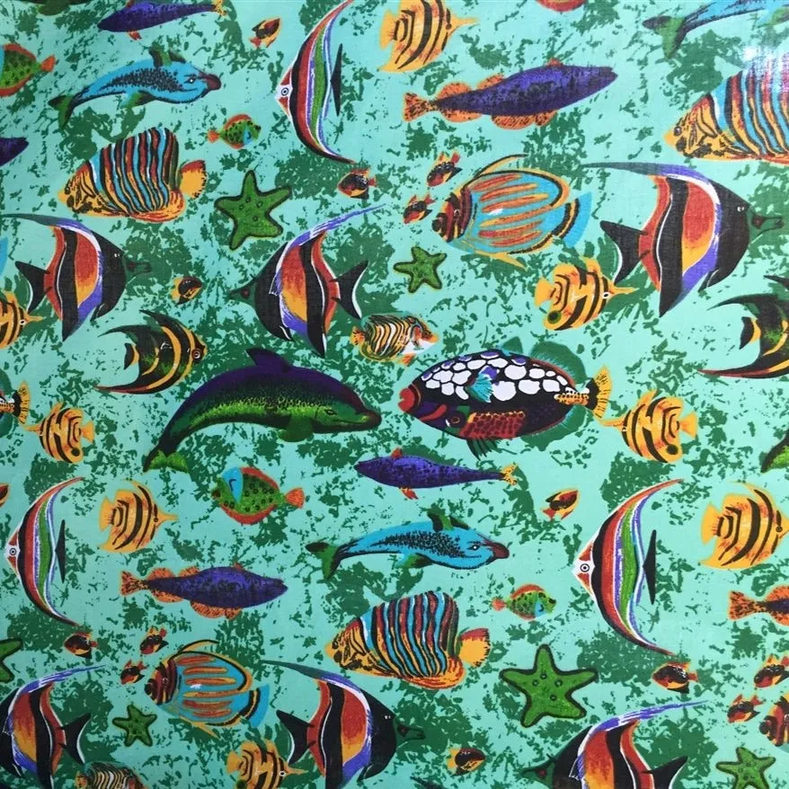 Green Aquarium Fish Tank Print Poly Cotton Fabric