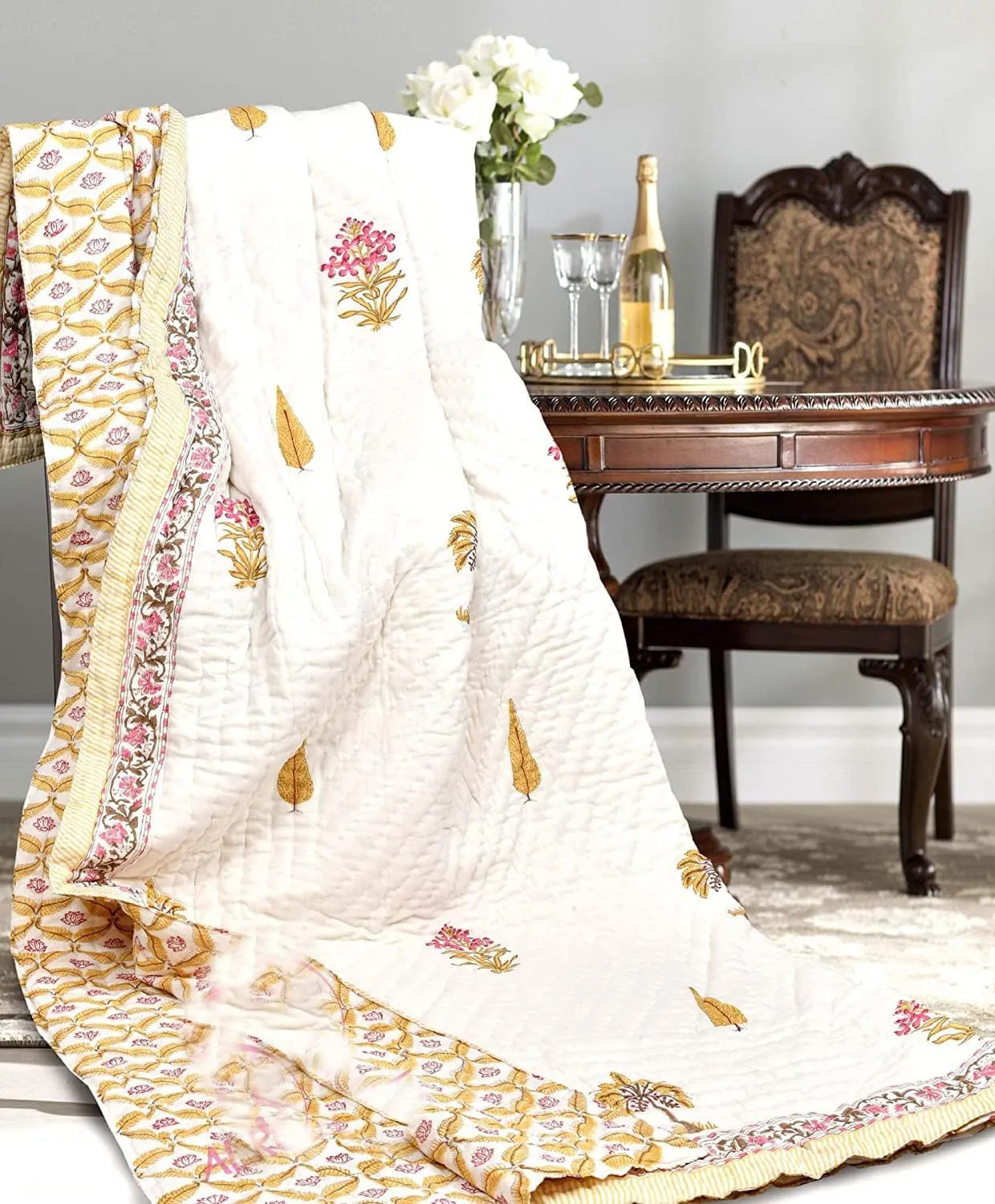 House Of Alpha Original Jaipuri Malmal Cotton Razai/Quilt. Traditional Rajasthani Hand Block Printed Double Bed Jaipuri Quilt/Razai/Blanket (90 x 108 Inches) (Style 11)