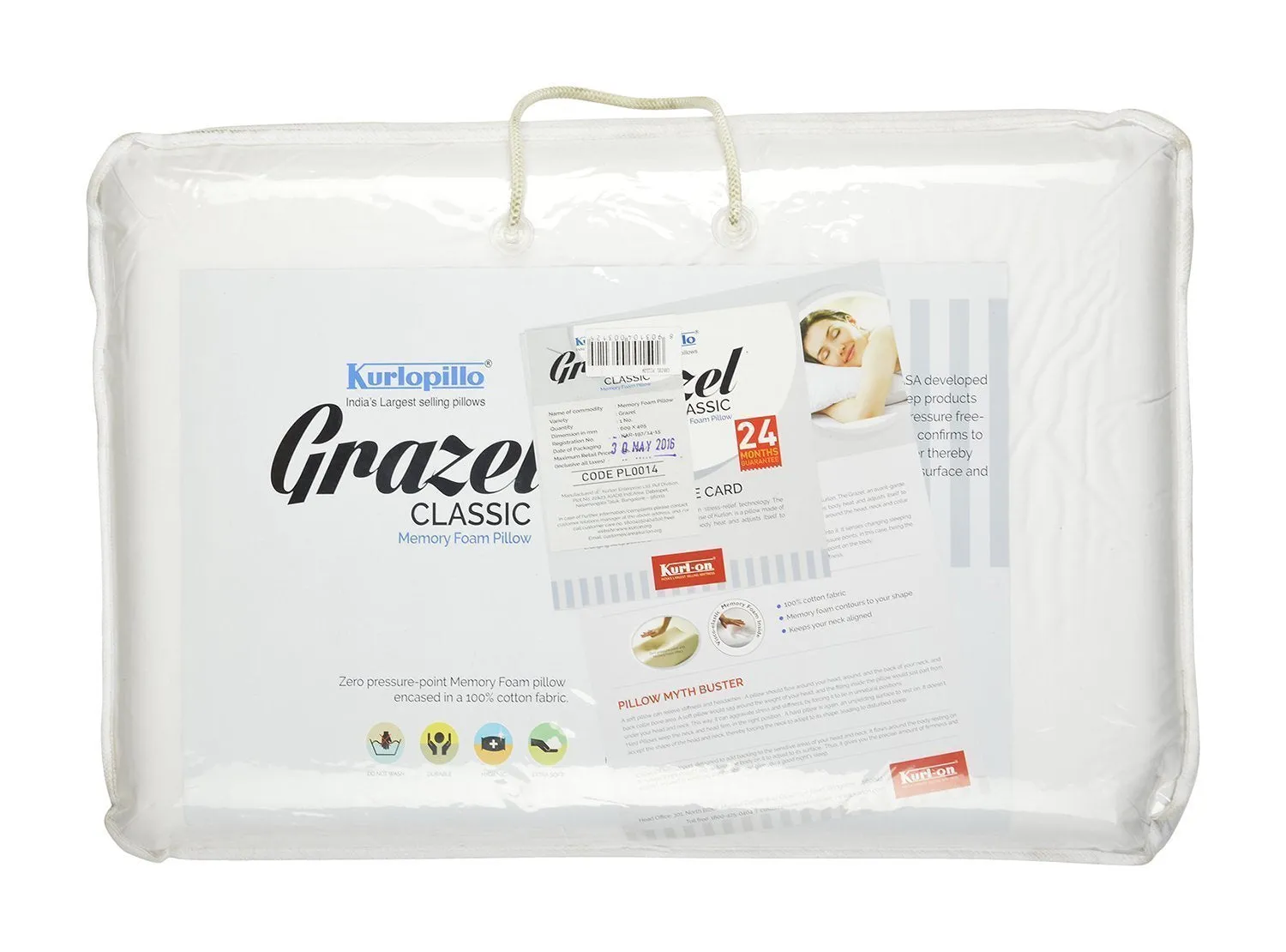 Kurl-On Memory Foam Pillow, Single, White, 1 Piece.
