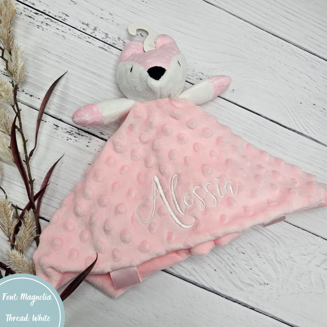 Minky Pink Rattle Fox Personalised Baby Comforter