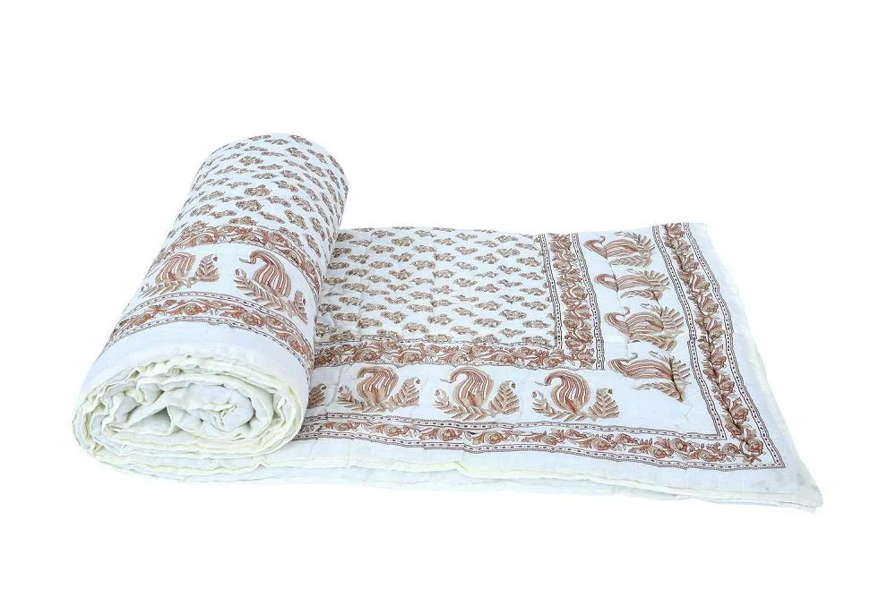 Namaste India Jaipuri Light Weight Pure Cotton Traditional Rajasthani Print White Colour Single Bed Quilt/Razai/Rajai-