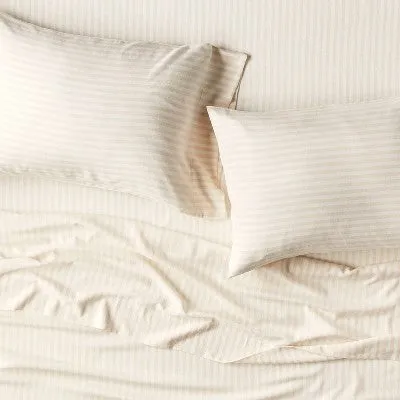 New - Standard Linen Blend Pillowcase Set Natural Stripe - Casaluna