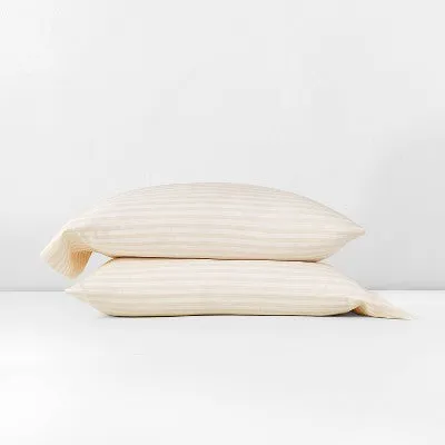 New - Standard Linen Blend Pillowcase Set Natural Stripe - Casaluna