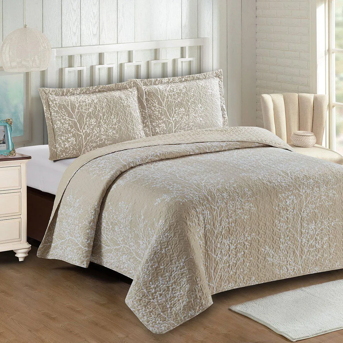 Odette Beige Lightweight Reversible Oversize Quilt / Bedspread Set