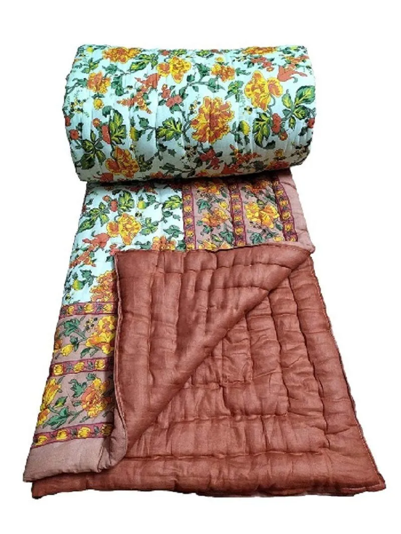 SIBLEY Cotton Single Traditional Famous Beautiful Floral Print in Peach Jaipuri Rajai/Hand Stitched Quilt/Single Bed Quilt/AC Quilt/AC Comforter Cotton Lightweight (Size- 55X85, Pack of 1
