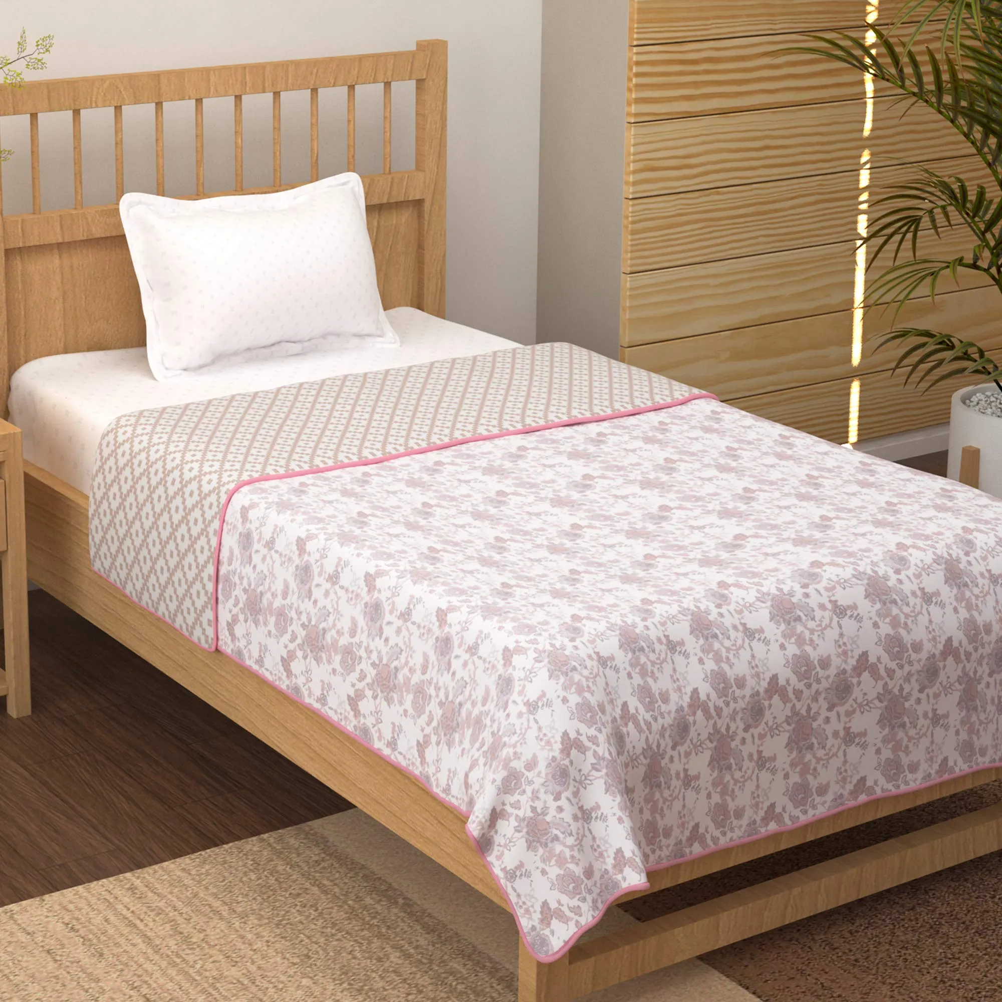 Story@Home Cotton AC Blanket, Blanket for Winter,100% Cotton Reversible Light Weight Dohar Single| 56 X 86 inch | White and Baby Pink | 150GSM | Ideal for All Seasons and Perfect for Winter.