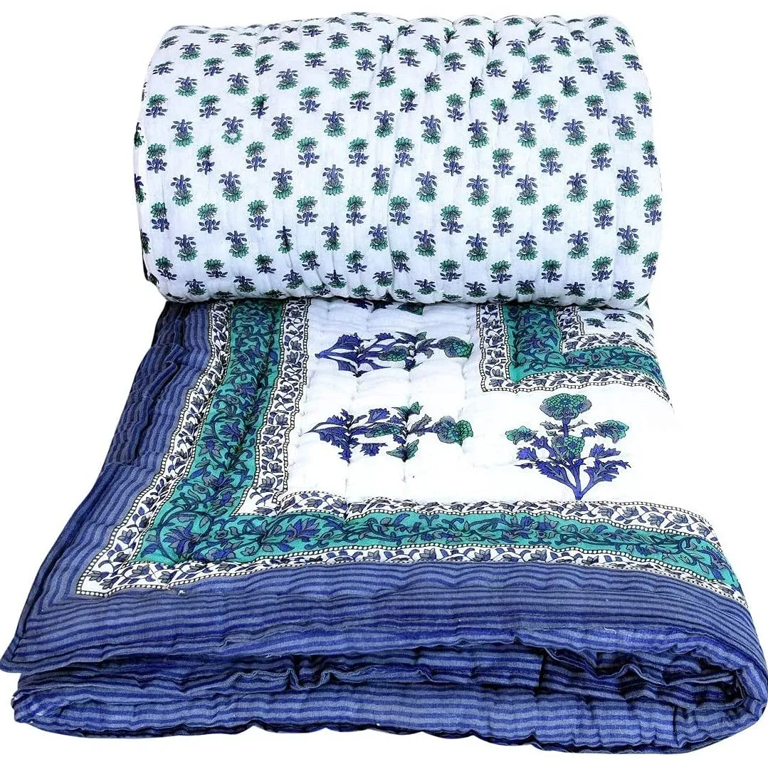 THROW KING Rajasthani Traditional Cotton and Jaipuri Flower Print with Floral Design Reversible Quilts (Single Bed)
