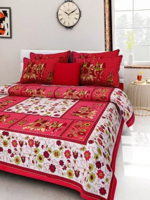 tripati sanganeri Prints 228 TC Cotton Double Jaipuri Prints Flat Bedsheet (Pack of 1, Red)