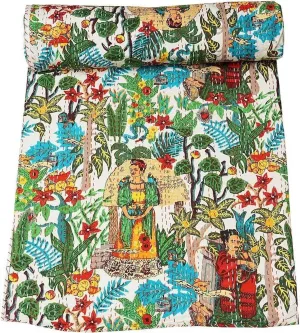 valiant Hippie Floral Handblock Handmade Cotton Block Kantha Quilting Vintage Throw Blanket Hippie Queen/King Size Bohemian Bed Decor Quilt White Twin
