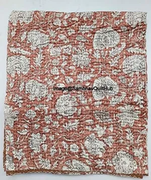 versatile Handblock Multi Floral Print Handmade Cotton Kantha Quilting Throw Blanket Hippie Queen/King Size Bohemian Block Kantha Quilt With 2 Pillow Cover Bronze Throw