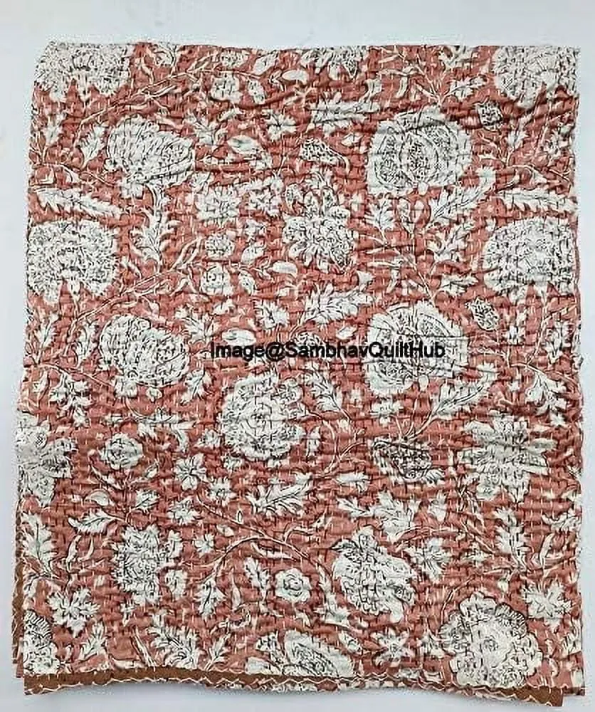 versatile Handblock Multi Floral Print Handmade Cotton Kantha Quilting Throw Blanket Hippie Queen/King Size Bohemian Block Kantha Quilt With 2 Pillow Cover Bronze Throw